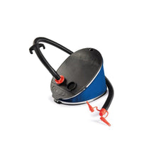Bellows foot pump with blue base, black top, red valve and attached hoses