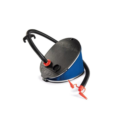 Bellows foot pump with blue base, black top, red valve and attached hoses