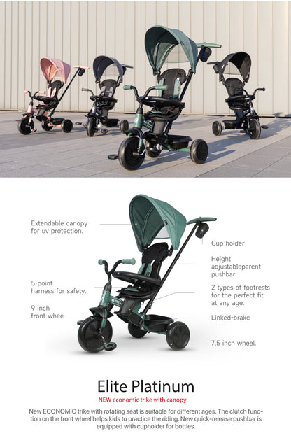 Green 6-in-1 tricycle stroller side view with rotating rear seat