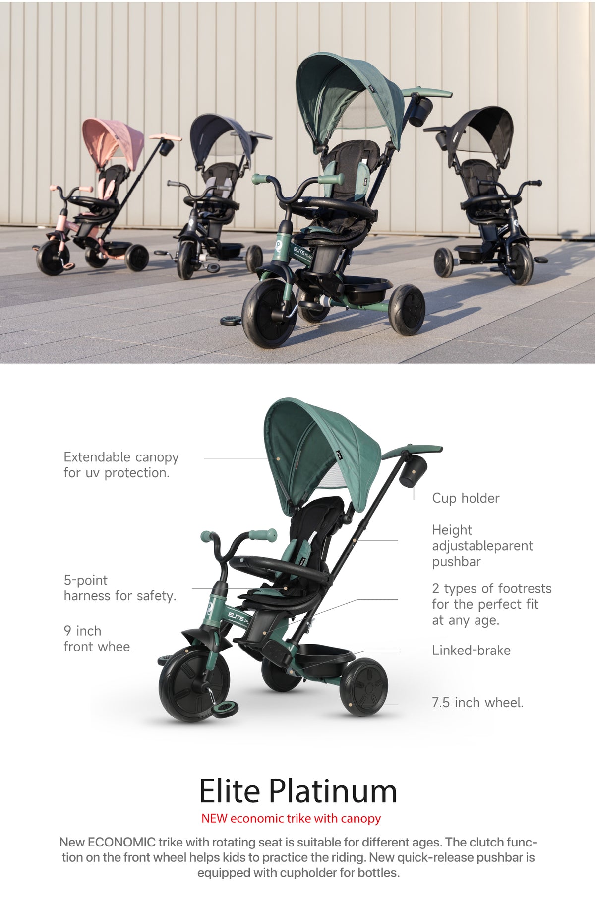 Green 6-in-1 tricycle stroller with cup holder and rear rotating seat