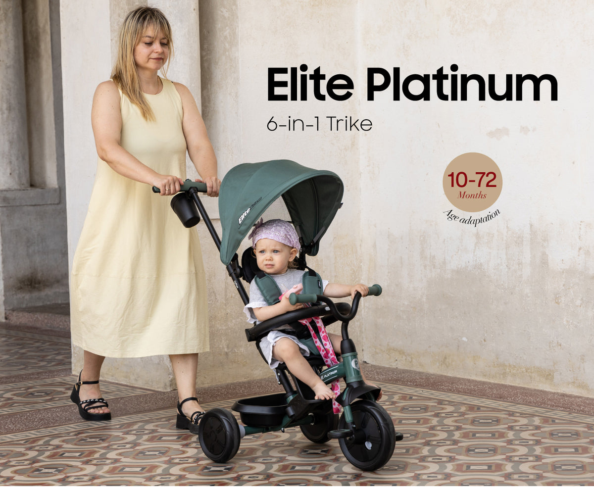 6-in-1 tricycle stroller with green canopy and black seat