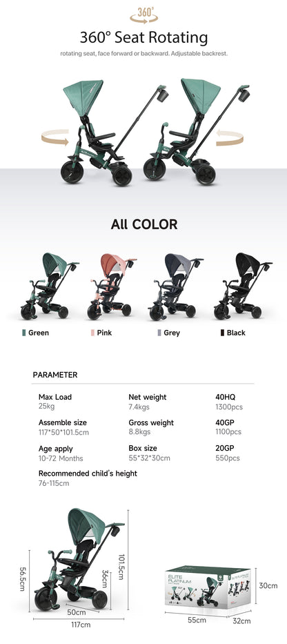 Tricycle stroller with 360° rotating rear seat and two front canopies