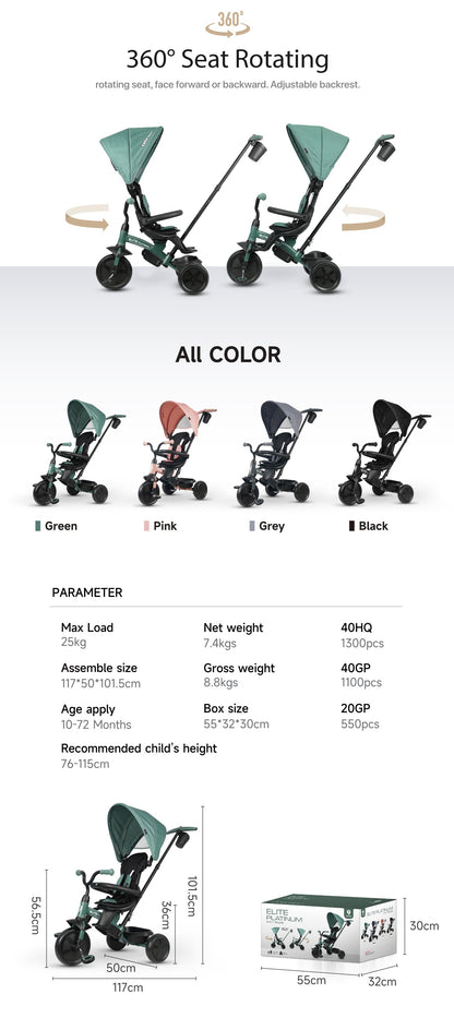 3-wheel tricycle stroller with 360° rotating seat and color options diagram