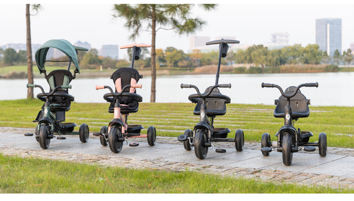 Set of 3-wheel stroller trikes with canopies in green and other colors
