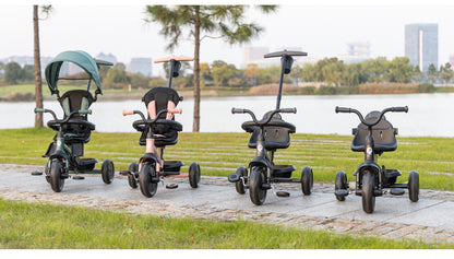 Set of 3-wheel stroller trikes with canopies in green and other colors