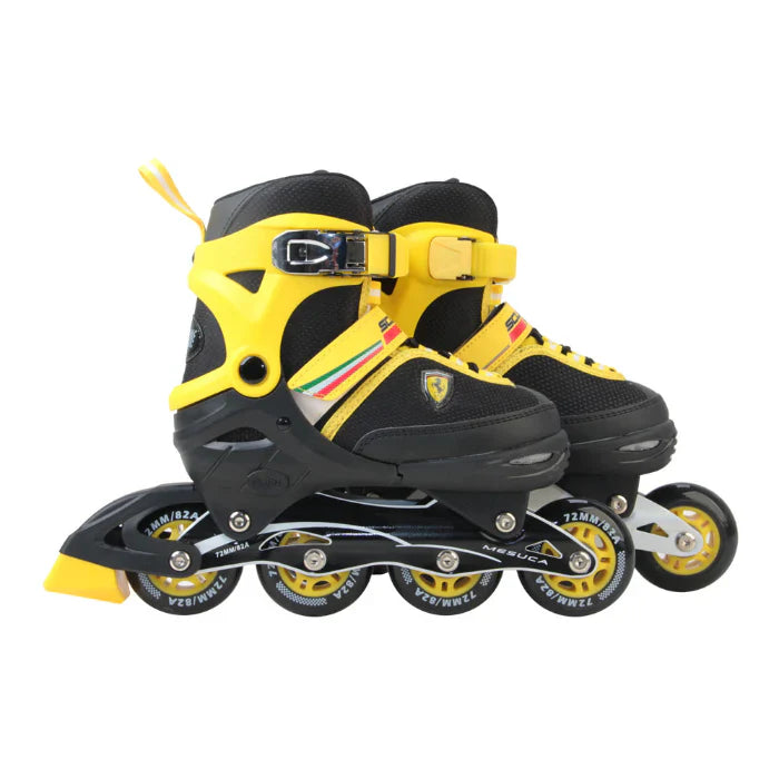 Ferrari inline skates, black and yellow boots with 4-wheel skate frame