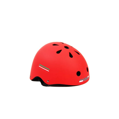 Ferrari red safety helmet, side vent pattern and chin strap