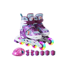 Kids roller skates set with purple glitter design, rainbow wheels, helmet and protective pads