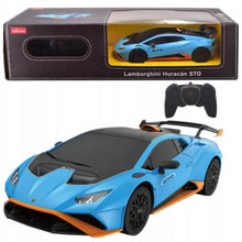 Blue RC Lamborghini sports car with orange accents and black hood; boxed set with remote