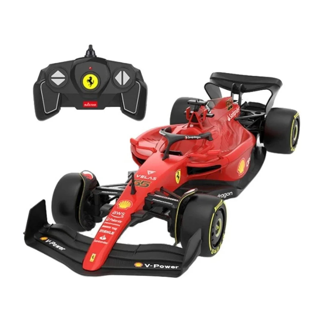 Red and black radio-controlled Formula-style car with yellow wheels and handheld controller