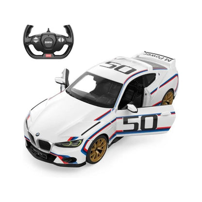 1:14 RC race car, white with blue/red stripes, gold wheels, rear spoiler