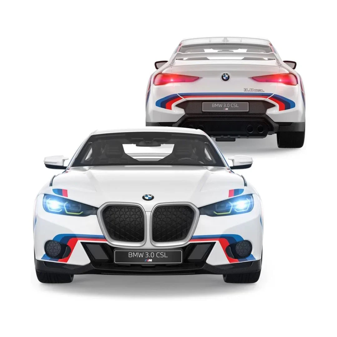 1:14 RC car front and rear views; white body with blue/red stripes, BMW grille