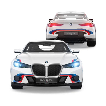1:14 RC car front and rear views; white body with blue/red stripes, BMW grille