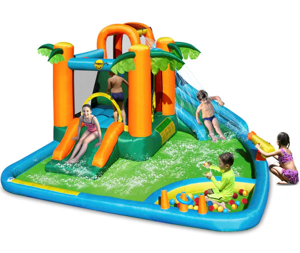 Inflatable water play center with orange and green slides, blue pool, and children playing