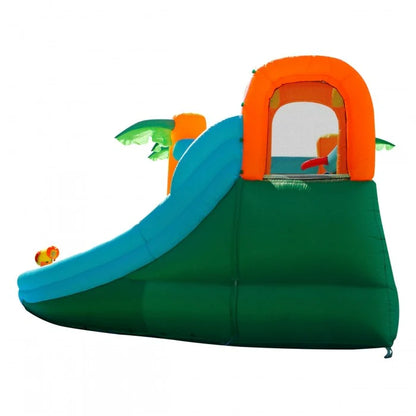 Inflatable play center with orange doorway arch, blue slide, and green splash area