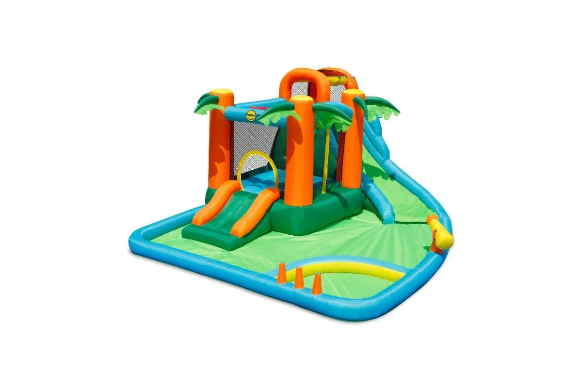 Inflatable play center with orange arches, green base, blue slides, and water play area