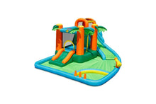 Inflatable play center with orange arches, green base, blue slides, and water play area