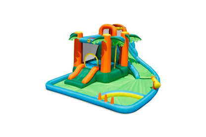 Inflatable play center with orange arches, green base, blue slides, and water play area