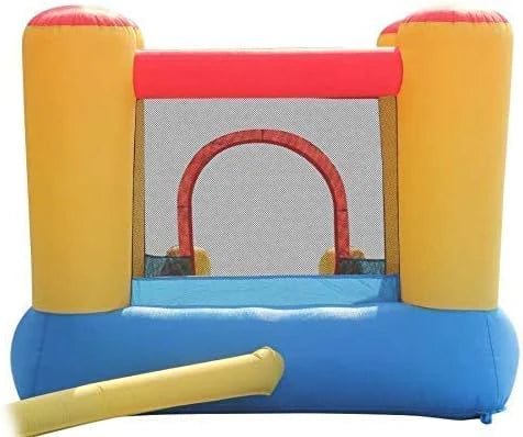Inflatable bouncy castle with slide, red top bar, mesh arch, yellow columns, blue platform
