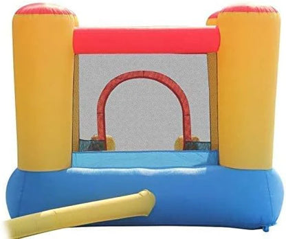 Inflatable bouncy castle with slide, red top bar, mesh arch, yellow columns, blue platform