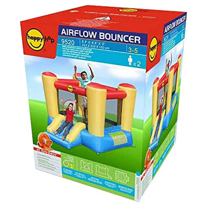 Inflatable bouncy castle with slide packaging box, illustrated inflatable in red, blue, and green