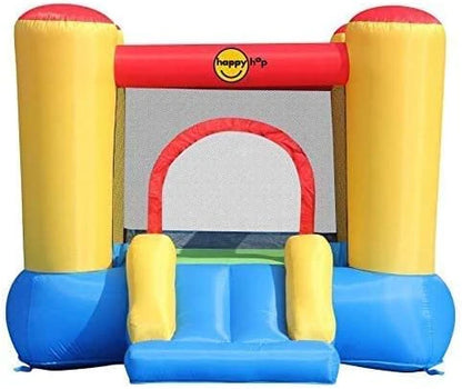 Inflatable bouncy castle with slide, yellow pillars, red frame, mesh front, blue base