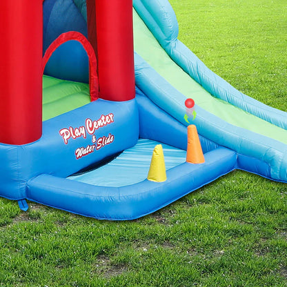 Inflatable water slide play center with blue base, red posts, and light green slide ramp