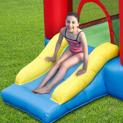 Inflatable water slide play center with blue platform, yellow slide rails, and red arch entrance