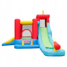 Inflatable play center with red frame and yellow platform slide, blue water slide chute