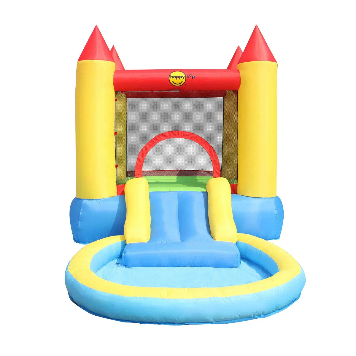 Inflatable bounce house with red entrance arch and blue base pool, front view