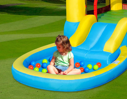 Inflatable pool and slide set with blue basin, yellow slide, and colorful balls