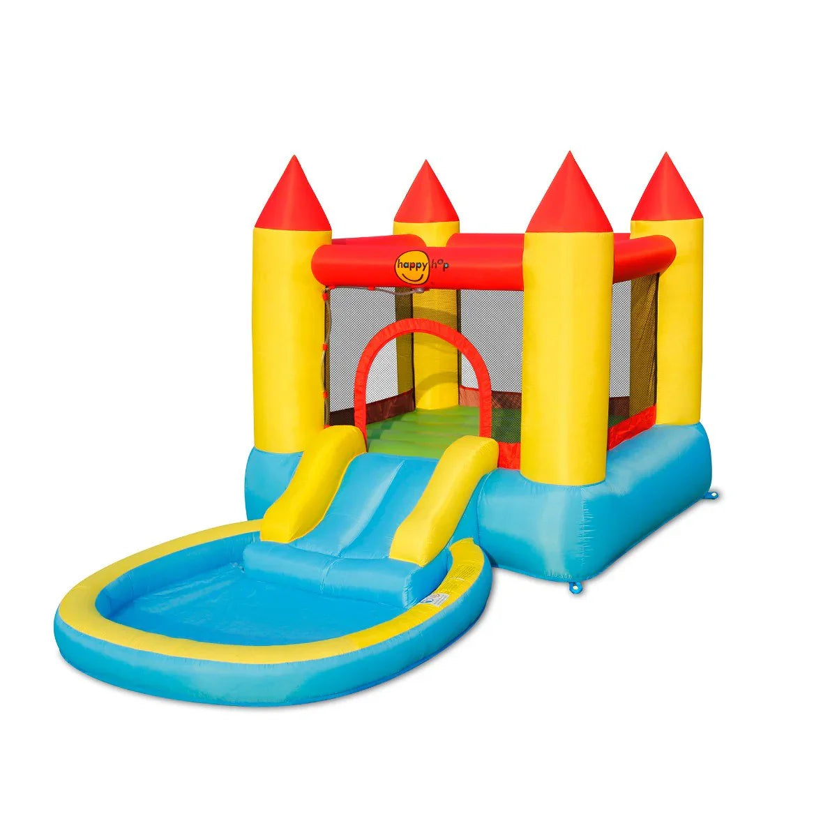 Inflatable bounce house with yellow pillars, red arch, and blue water pool
