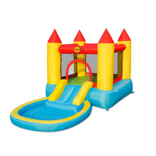 Inflatable bounce house with yellow pillars, red arch, and blue water pool