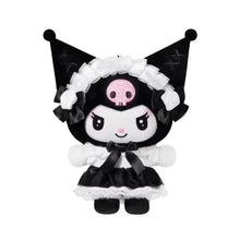 Black Sanrio character vinyl plush with white ruffled cap and gothic dress, standing.