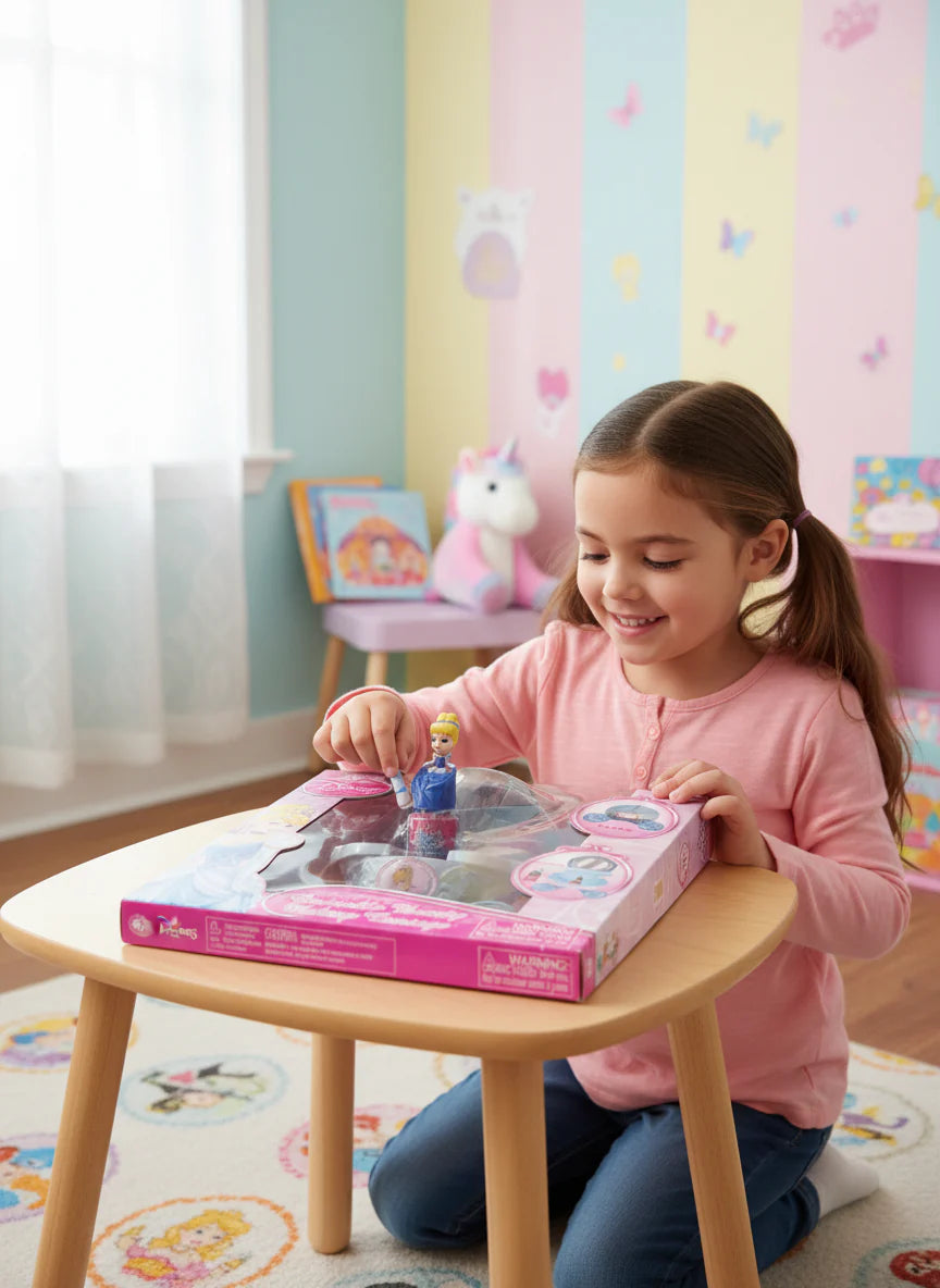 Disney Cinderella makeup carriage set on table, open kit with girl playing at the vanity