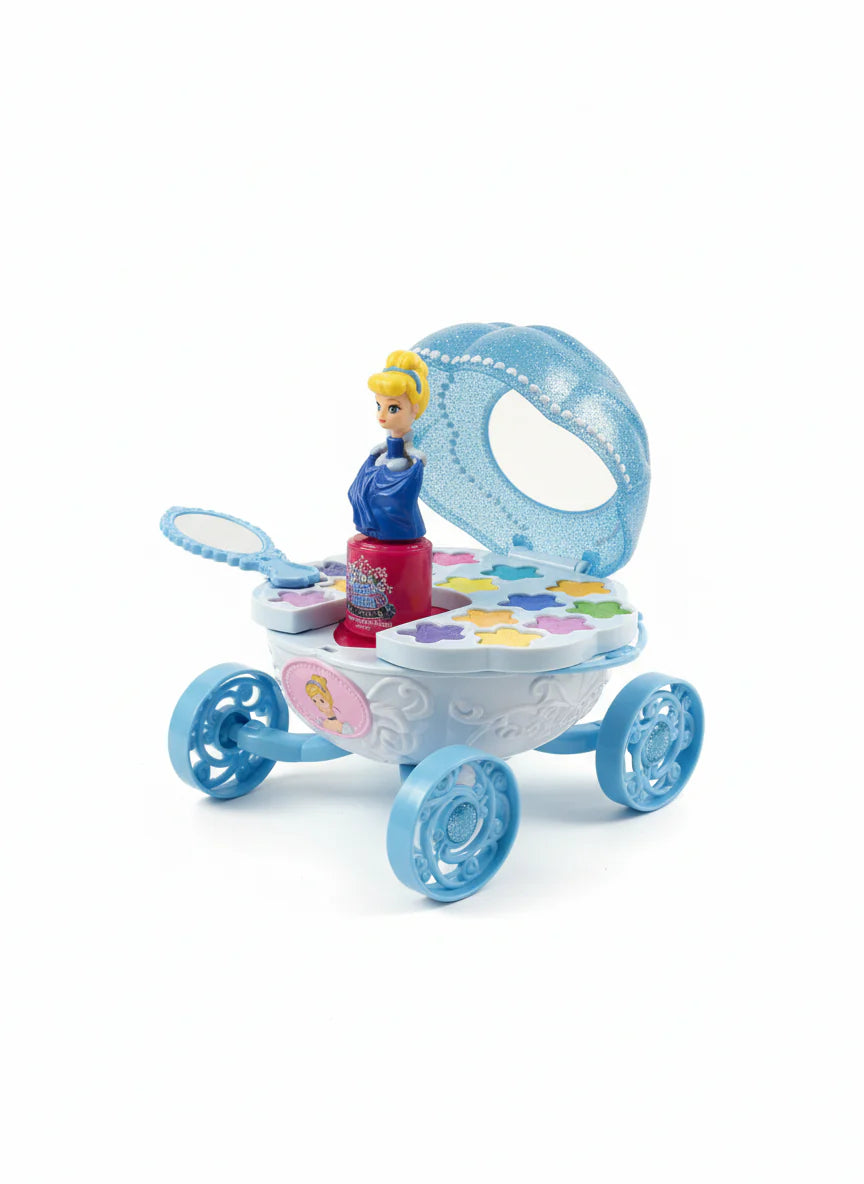Blue Cinderella Beauty Makeup Carriage side view with figurine, palette and wheel base