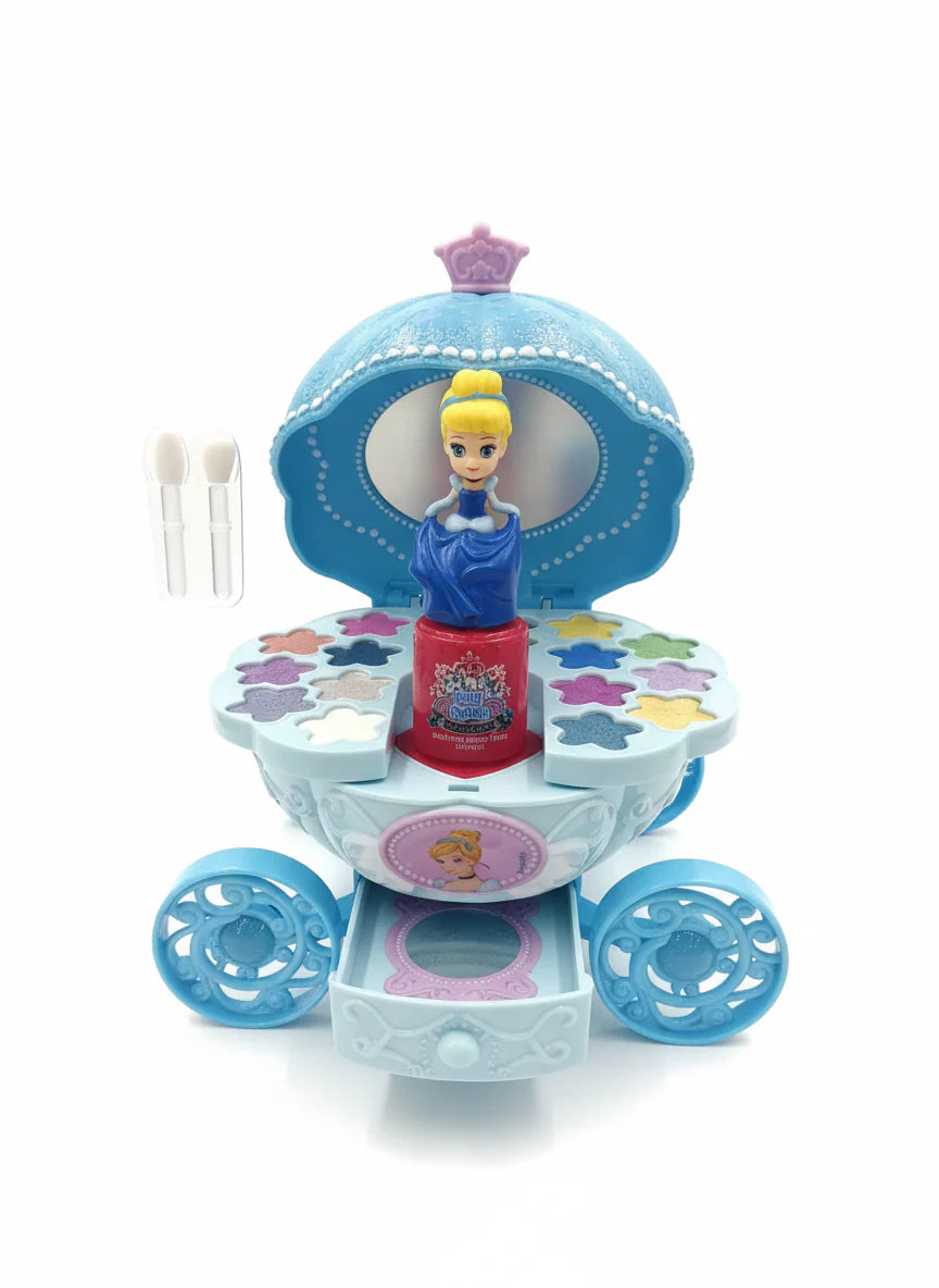 Cinderella Beauty Makeup Carriage with blue shell, figurine, vanity compartments and wheels