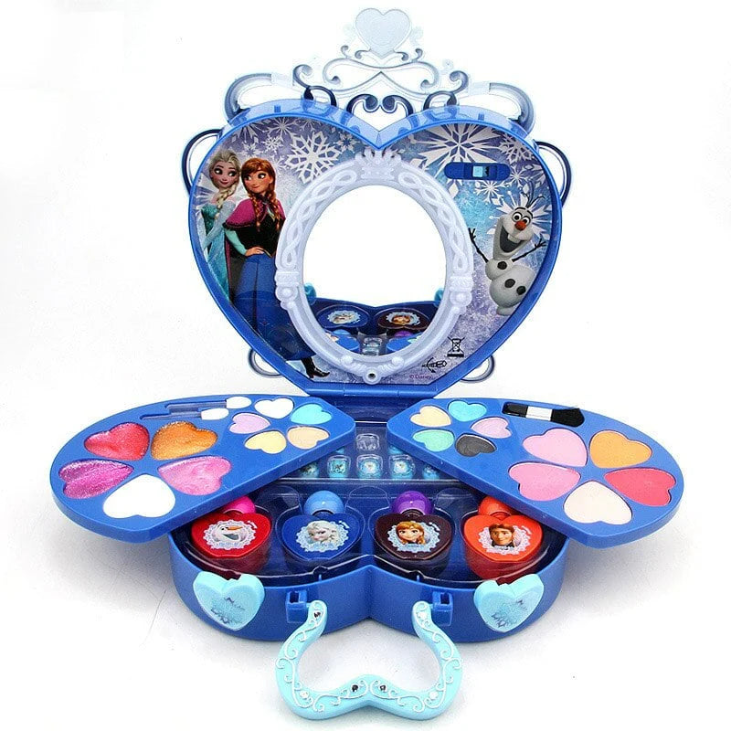 Frozen two hearts makeup palette with heart-shaped open case and multiple color pans