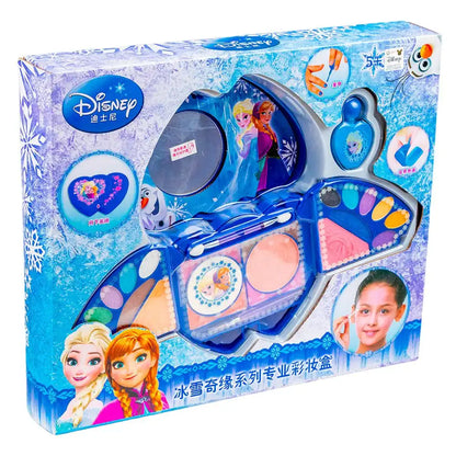 Frozen two hearts makeup kit set in blue heart-themed box with palette and tools