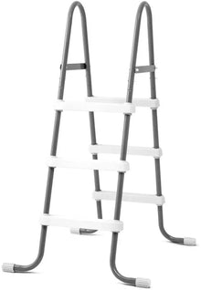 Pool access ladder with curved feet, white steps and grey handrails