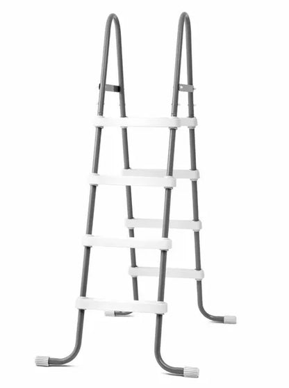 Pool ladder close-up with gray legs, white steps, wide hand rails and curved base, 122 cm