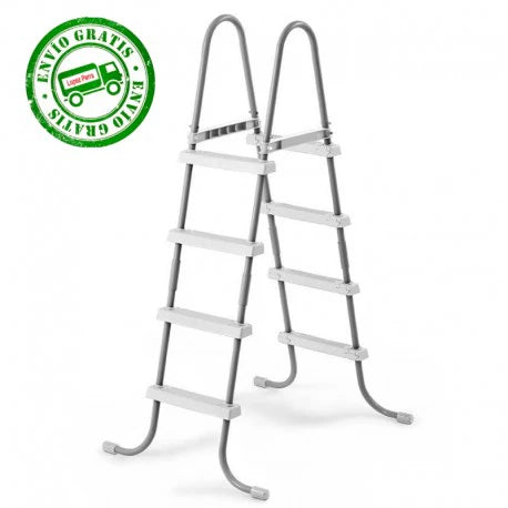 Pool ladder with two gray rails and four white steps, non-slip feet, 122 cm