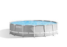 Round frame pool with gray supports and blue water, 427 x 107 cm