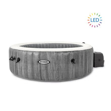 Inflatable round hot tub with grey wood-texture walls and white rim, for 6