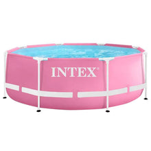 Pink kids metal frame pool with blue water, INTEX logo on front.