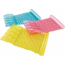Inflatable hammock mattress pads in blue, pink, and yellow
