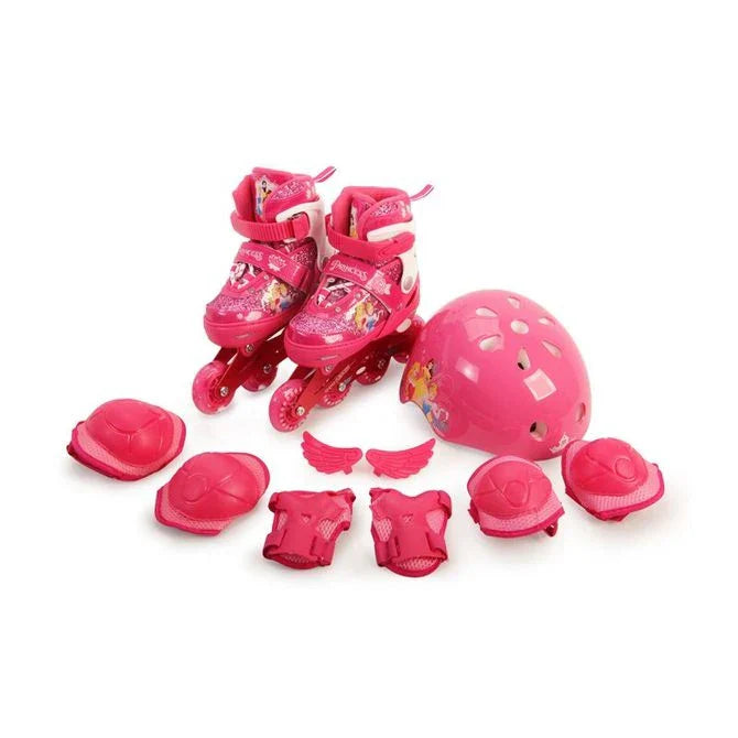 Pink princess-themed inline skates set with helmet and knee/elbow/wrist pads