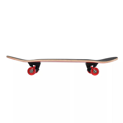 Ferrari skateboard with red deck, yellow Ferrari shield, and red wheels, side view