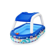Inflatable family pool with blue slide and white legs, nautical anchor print border