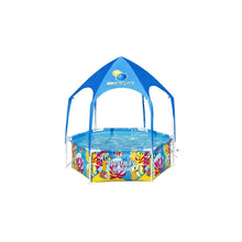 Kids splash pool with blue canopy and colorful side panels